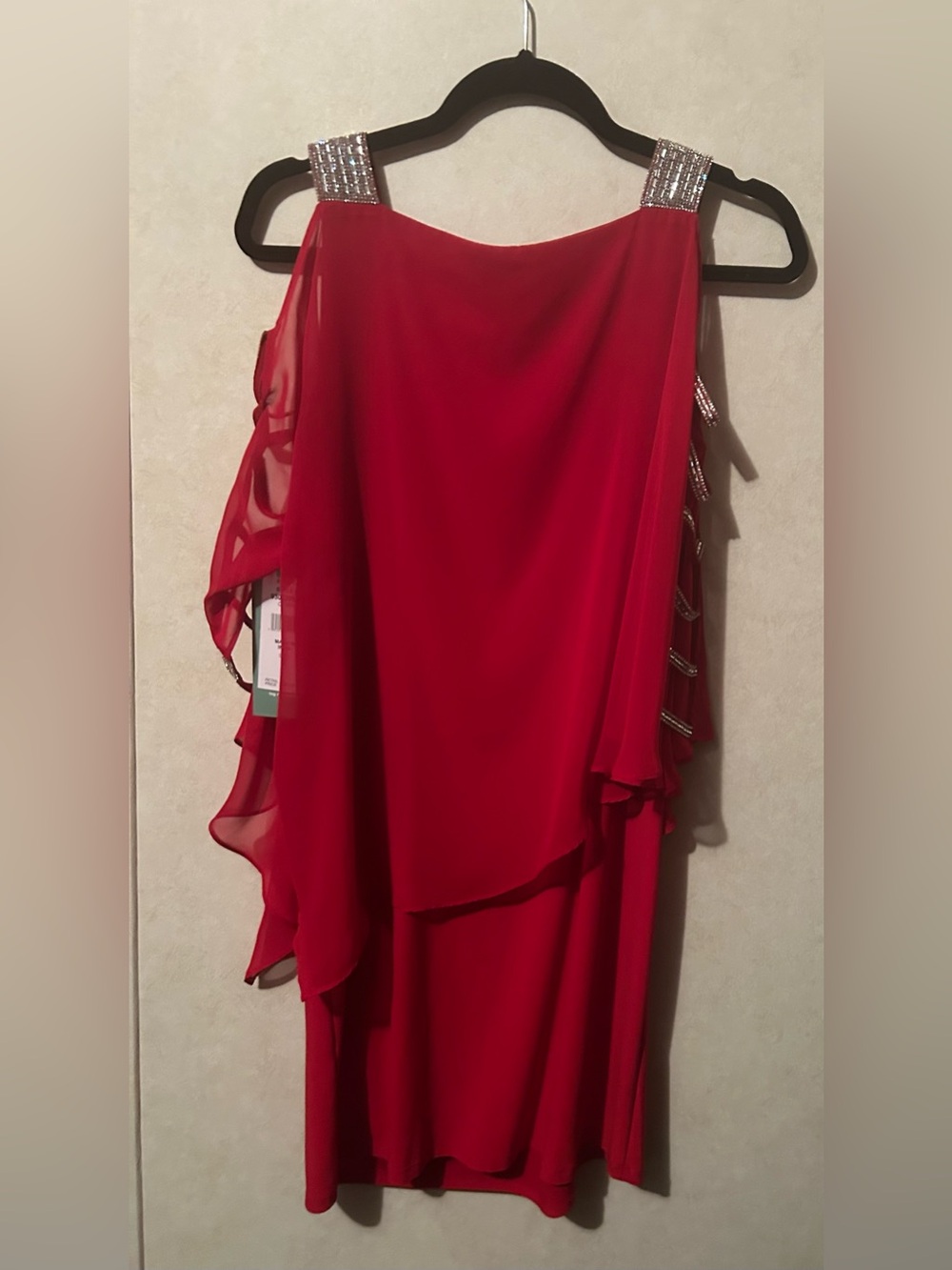 MSK Red Rhinestone-Trim Cold-Shoulder Small Mini Dress - Picture 5 of 7